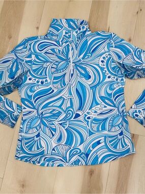 Icikuls Light Blue Foliage 1/4 Zip Pullover Size Large UPF 50+ Coastal Preppy